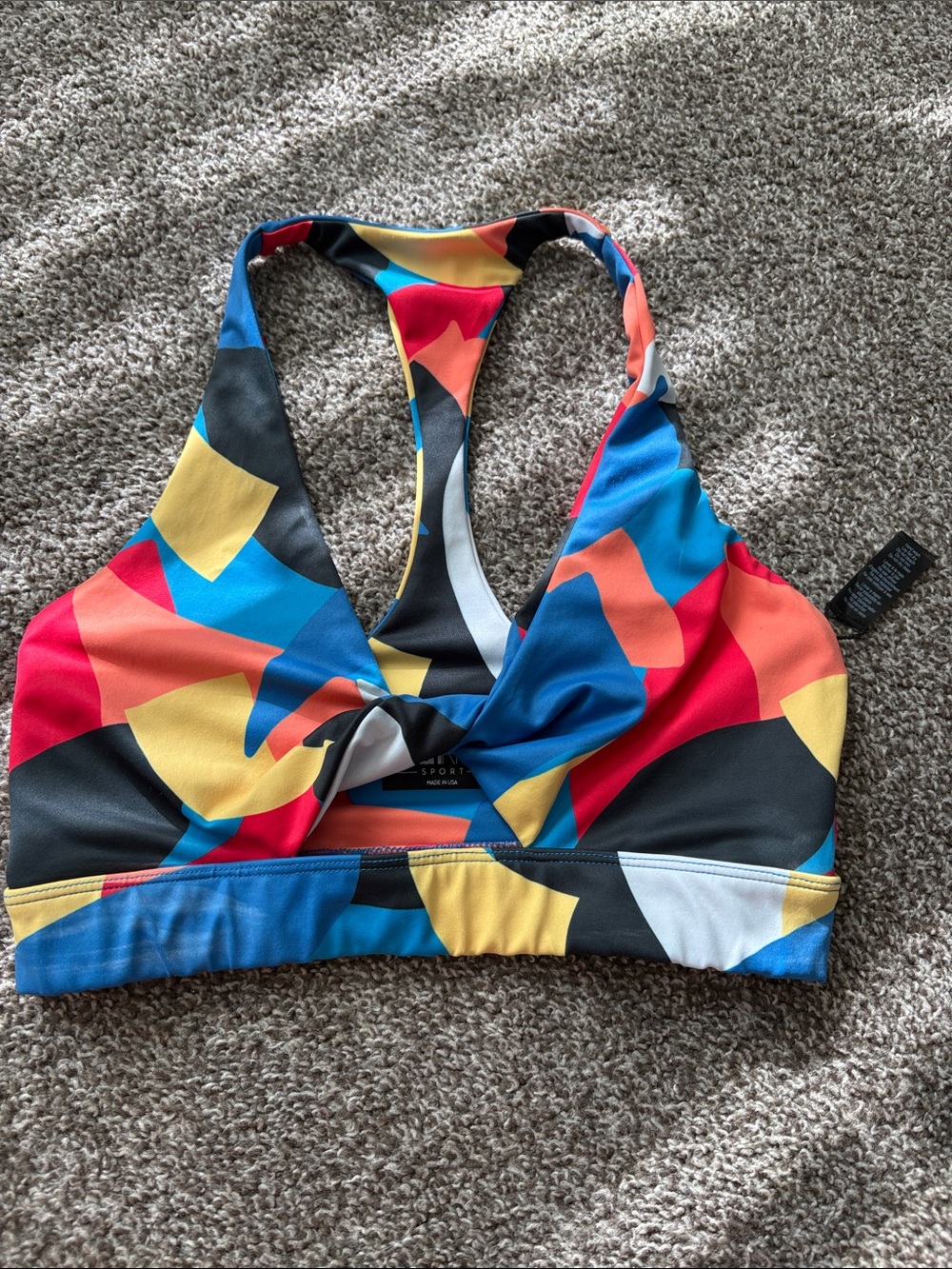 Beach Riot Multicolor Abstract Racerback Sports Bra - Blue, Red, Yellow, Black